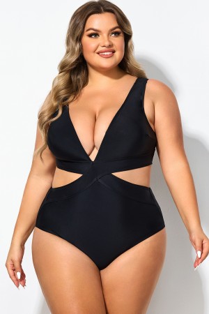 Black Cut Out Plunge Back Hook One Piece Swimsuit