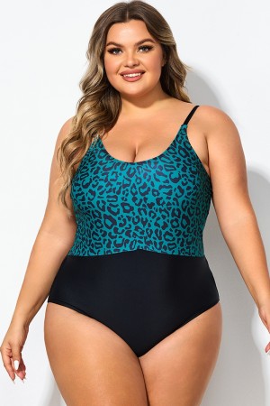 Green Leopard Print Back Cut Out One Piece Swimsuit