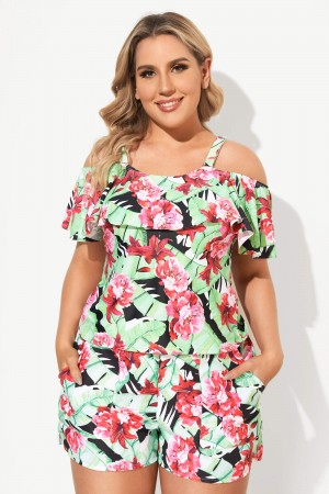 Floral Printed Off The Shoulder Women Tankini Set