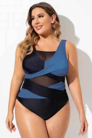 Black & Blue Sexy Cut Out Mesh One Piece Swimsuit
