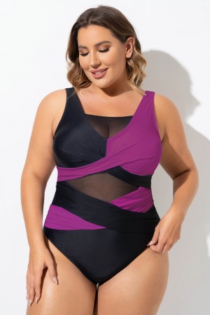 Purple & Black Sexy Cut Out Mesh One Piece Swimsuit