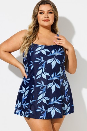 Blue Leaf Print Square Neckline Women Stylish Swimdress