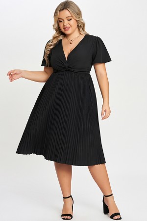 Black Knot Front Pleated Skirt Long Dress