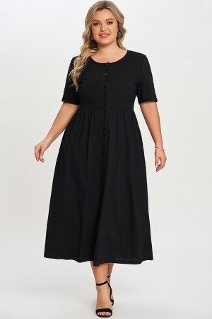 Black Button-Front Essential Side Seam Pockets Dress