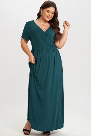 Classic V-neck and Short Sleeves Wrap Maxi Dress