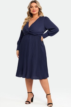 Navy V-neck Knot Front Long Sleeves Pullover Style Dress