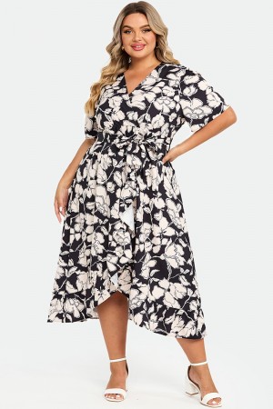 Black & White Floral Print V-Neck Maxi Dress