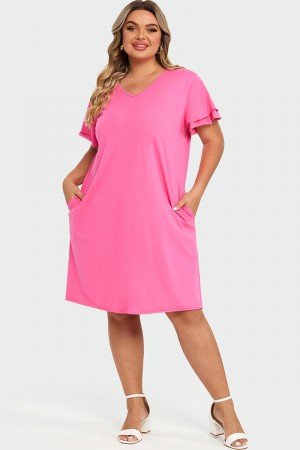 Plus Size V-Neck Pink Ruffle Sleeves Midi Dress