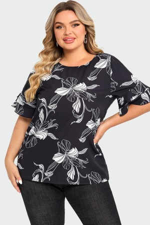 Plus Size Floral Print Round Neck Ruffle Sleeves Top