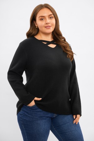 Black Pointelle Cut Out Long Sleeves Knit Top