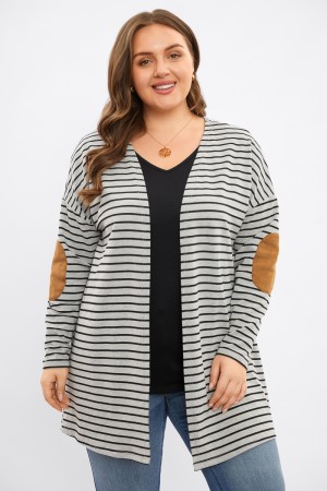 Charcoal-Black Striped Elbow Patches Mid Long Cardigan