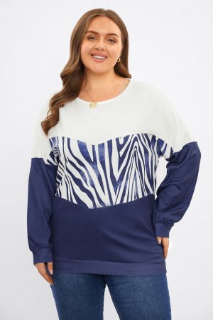 Navy Zebra Print Round Neck Long Sleeve Sweatshirt