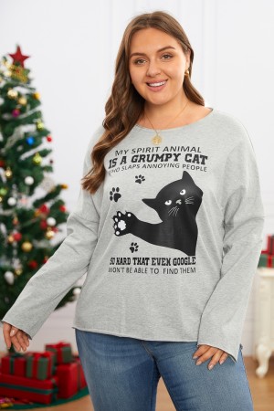 Round Neck Black Cat Print Casual Loose Sweatshirt