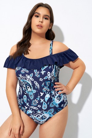 Attractive Paisley Design Ruffles One Piece Swimsuit