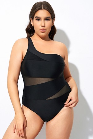Black Mesh Sexy One Shoulder One Piece Swimsuit