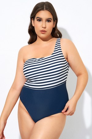 Blue and White Stripe One Shoulder One Piece Swimsuit