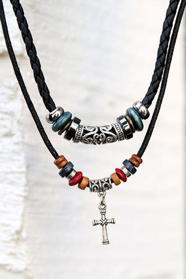 Bead Alloy Decor Cross Charm Layered Necklace