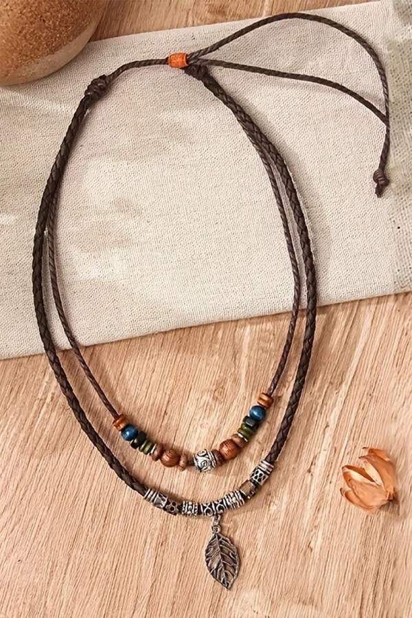 Brown Bead Decor Leaf Charm Layered Necklace