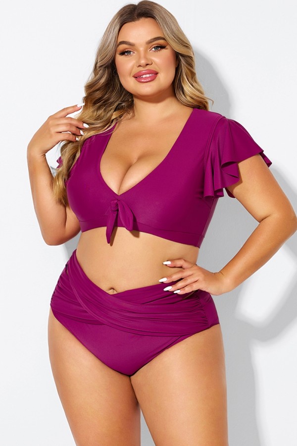 Purple Flutter Sleeve Elegant Swim Bikini Top