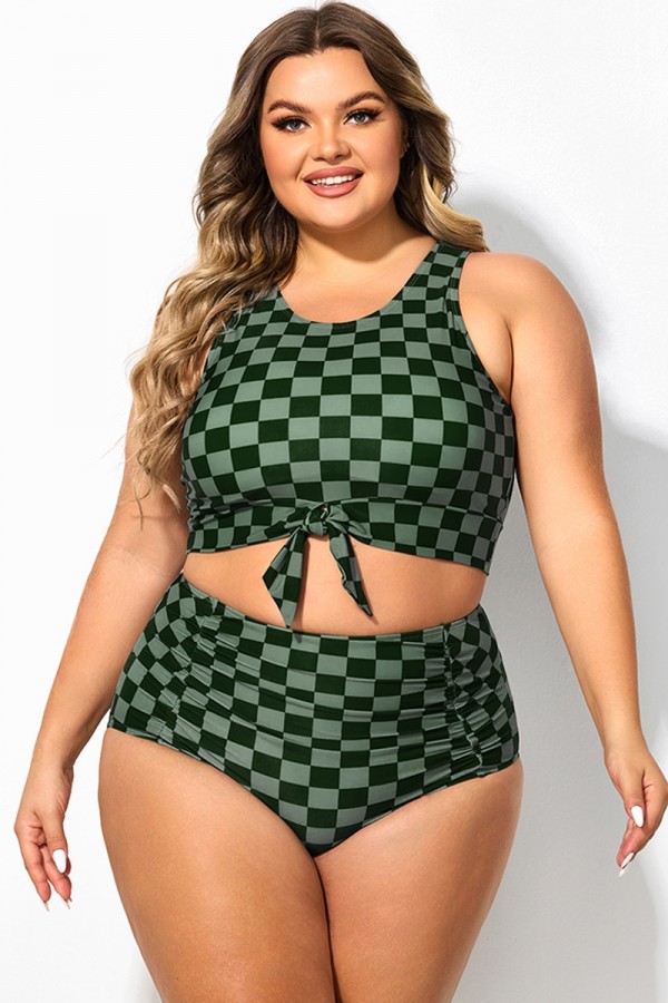Plus Size Green Check Knotted Crop Bikini Top