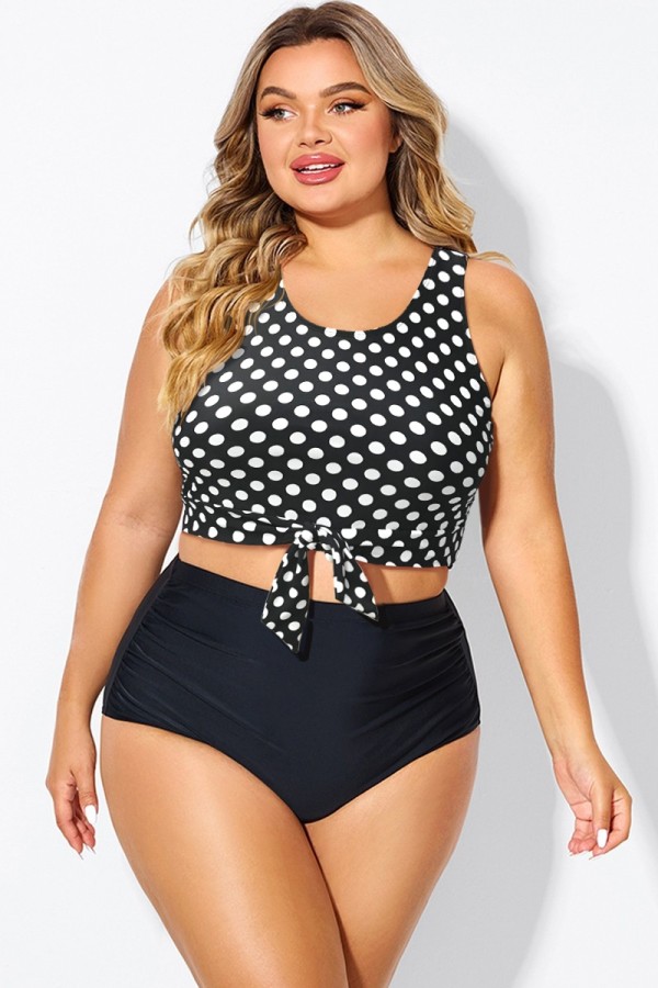 Plus Size Black Polka Dot Knotted Crop Bikini Top
