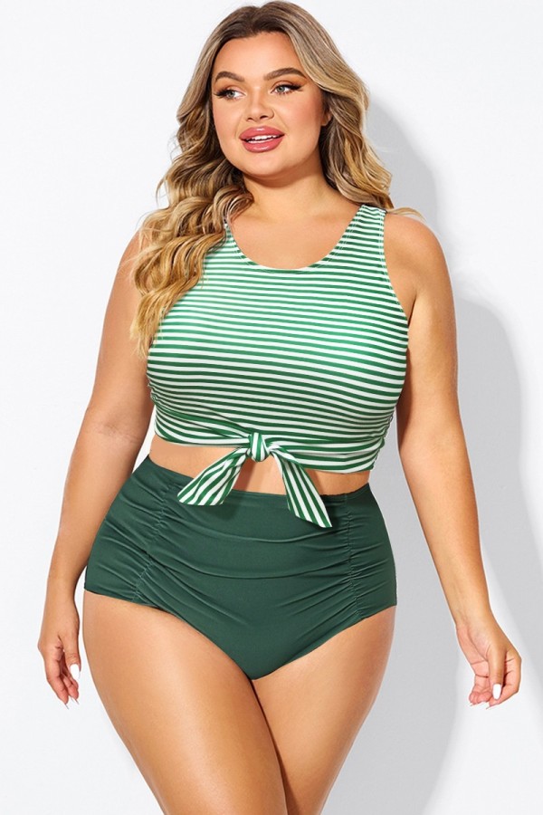 Plus Size Green Stripe Knotted Crop Bikini Top