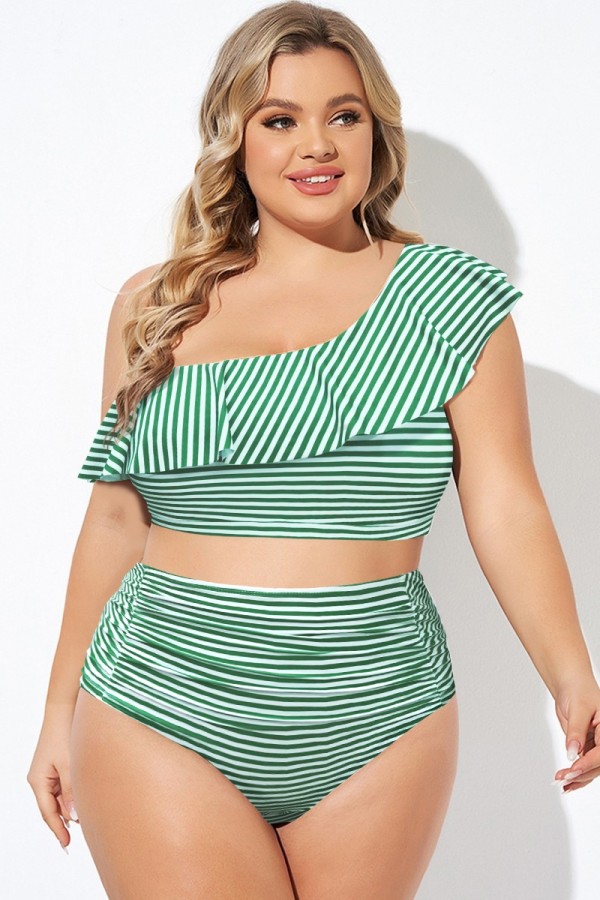 Plus Size Green Stripe Ruffle One Shoulder Bikini Top