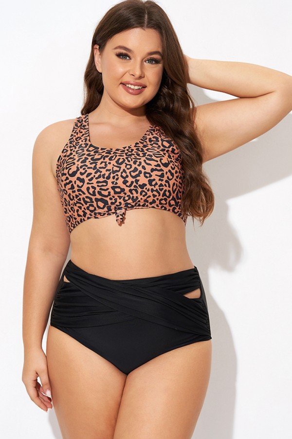 Leopard Print Scoop Neck Front Women Bikini Top