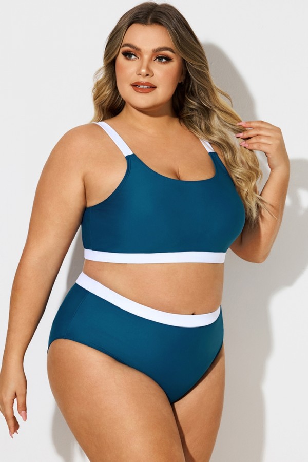 Plus Size Blue & White Colorblock Bikini Top