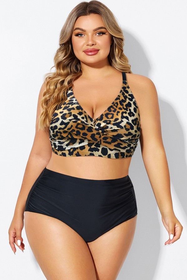 Plus Size V-Neck Leopard Print Crossback Bikini Top