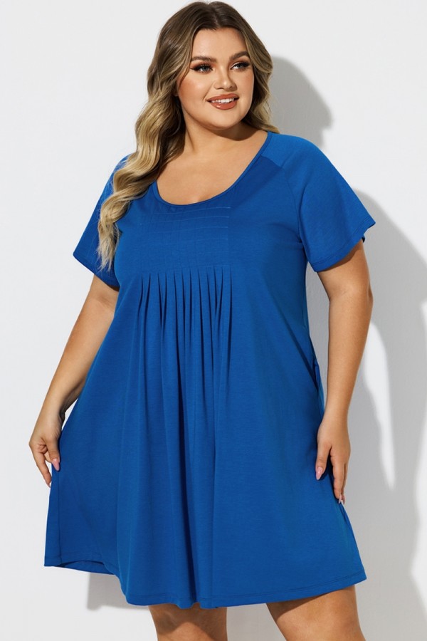 Blue Round Neck Box-Pleat Cover Up