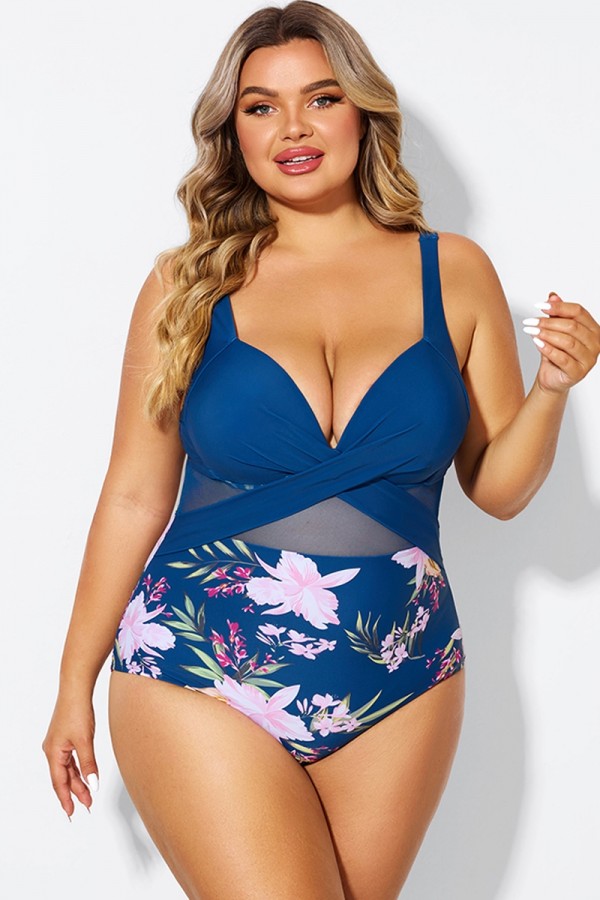 Floral Print Cut Out Mesh Underwire One Piece Swimsuit