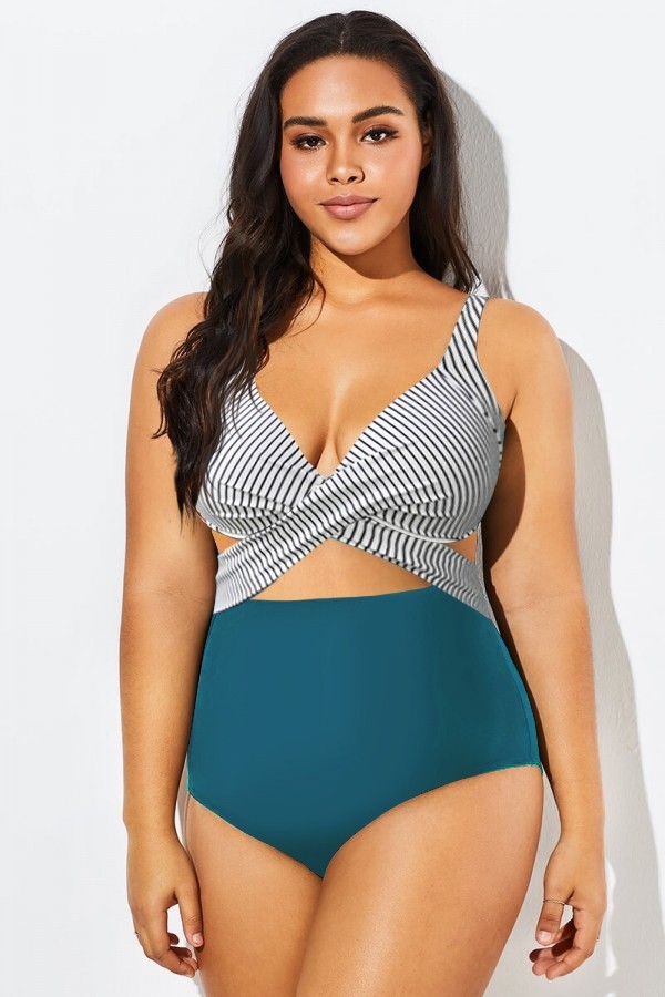 Blue Striped Underwire Cut-Out One Piece Swimsuit