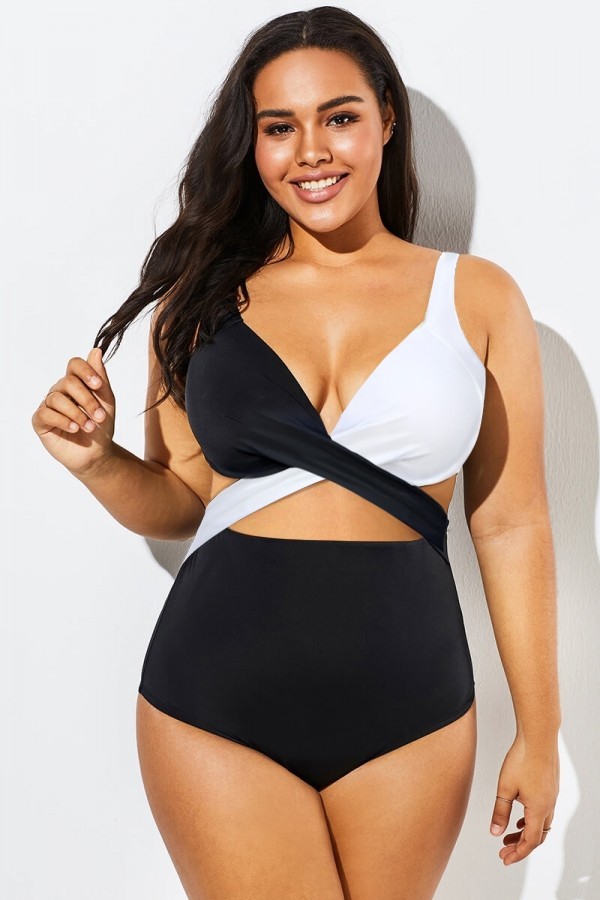Black & White Cut Out Underwire One Piece Swimsuit