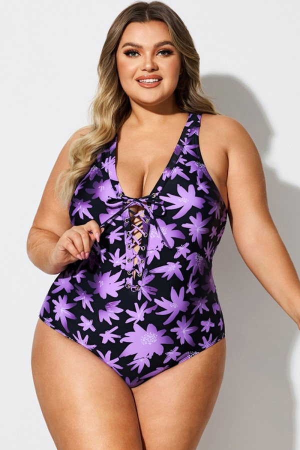 Floral Print Front Line Open Back One Piece Swimsuit