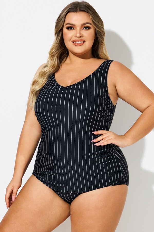 V-Neck Striped Sarong Front One Piece Swimsuit