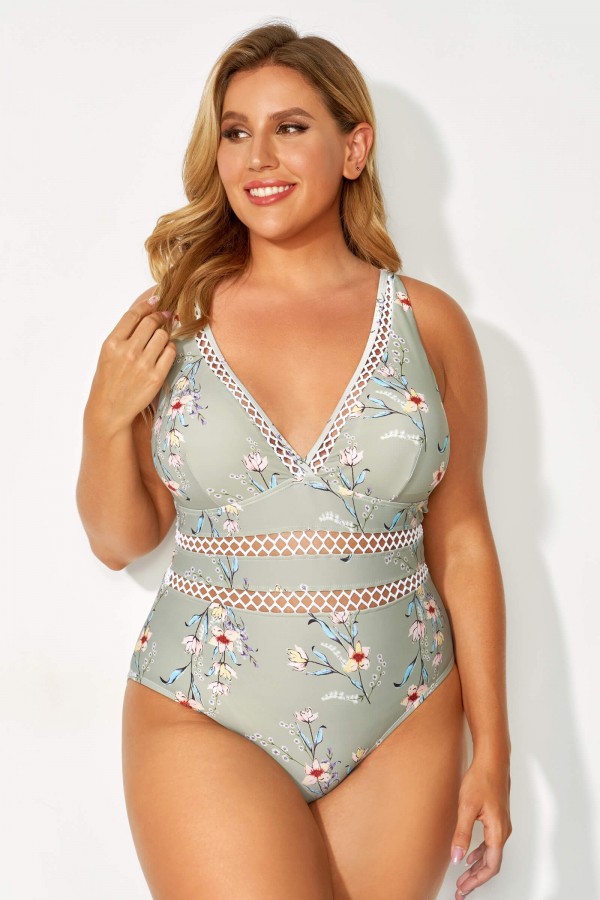 Floral Printed Lattice V-neck One Piece Swimsuit