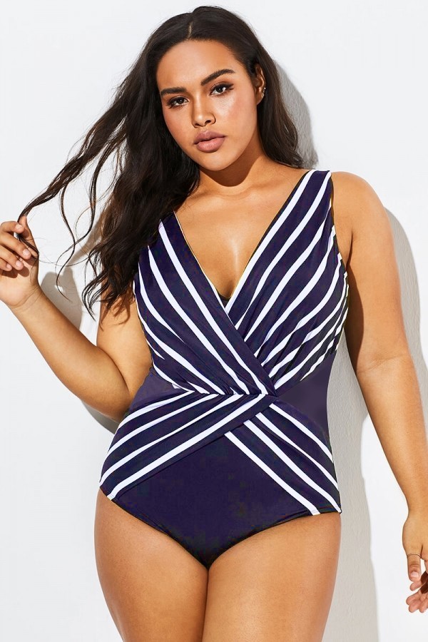 Blue and White Stripe Mesh One Piece Swimsuit