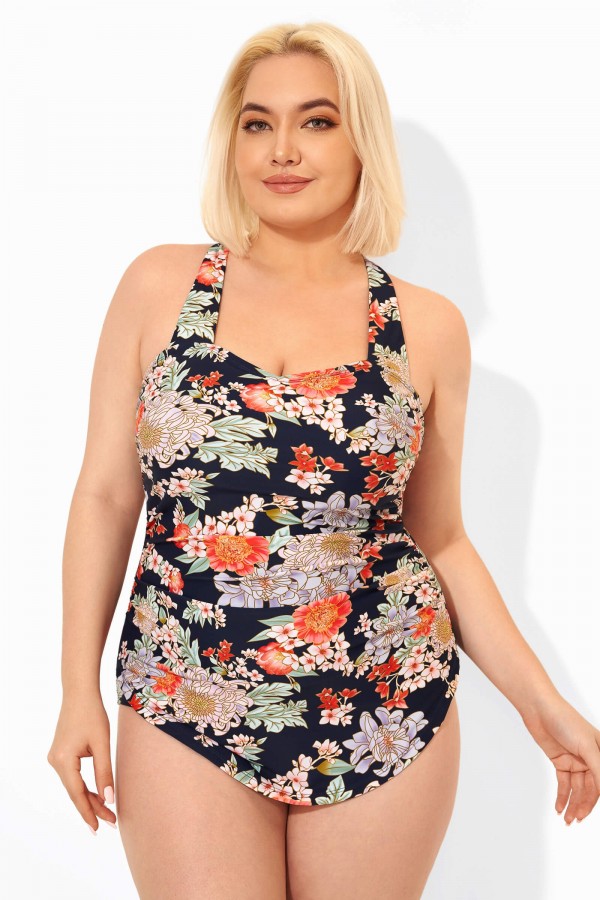 Flower Printed H-Back Sarong Front One Piece Swimsuit 