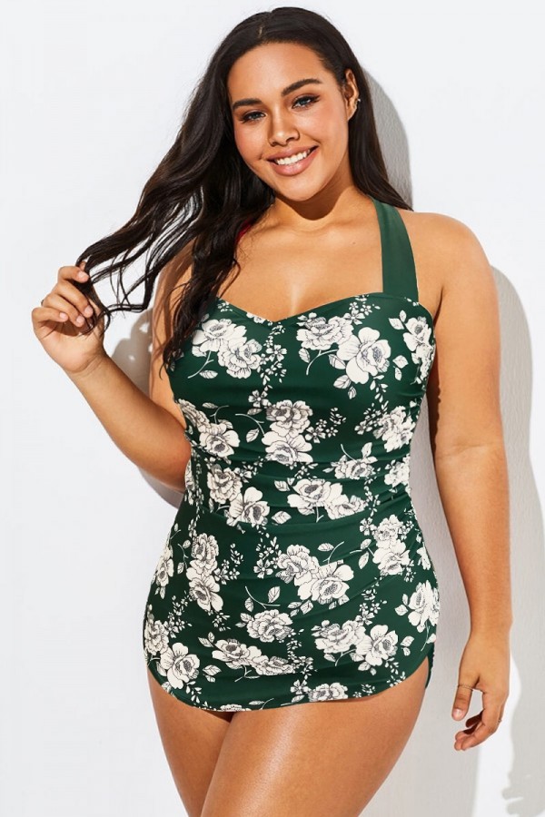 Green Floral Print Sarong Front One Piece Swimsuit