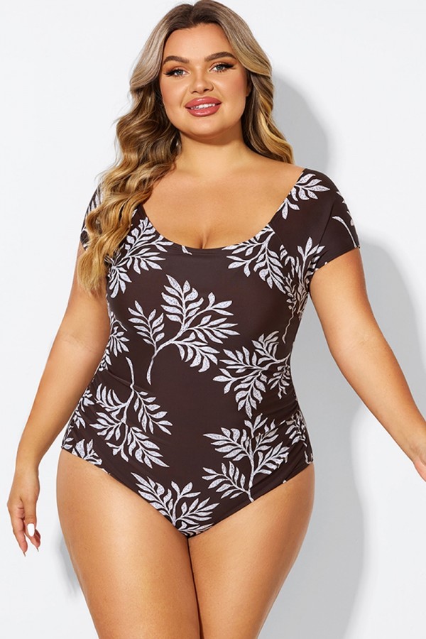 V-Neck Leaf Print Ruffles sleeves One Piece Swimsuit