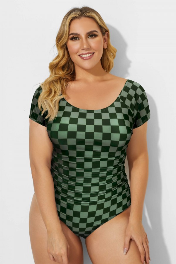 Green Check Modest Elastic One Piece Swimsuit