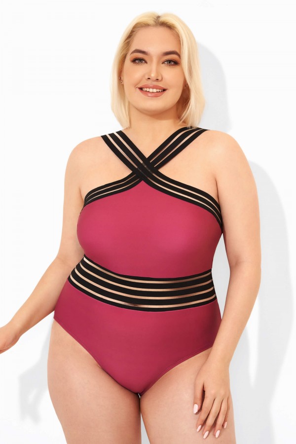 Red Criss-cross Straps Full Lining One Piece Swimsuit