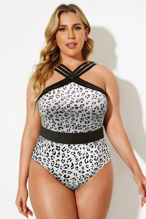 Leopard Print Crossover Lady Vintage One Piece Swimsuit