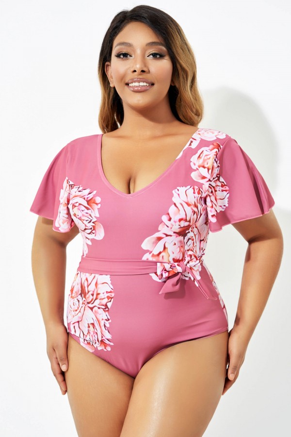Rose Printed Waist Tie One Piece Swimsuit with Sleeves