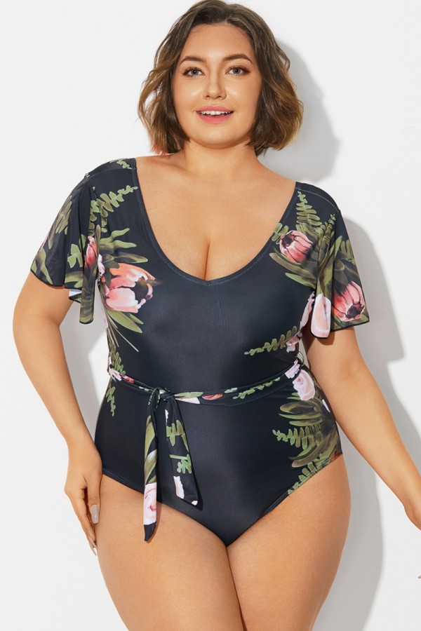 Floral Print Ruffle Sleeves One Piece Swimsuit
