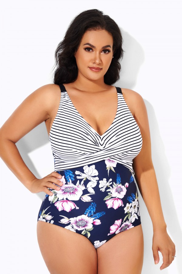 Flower Printed V-Neck Tummy Control One Piece Swimsuit