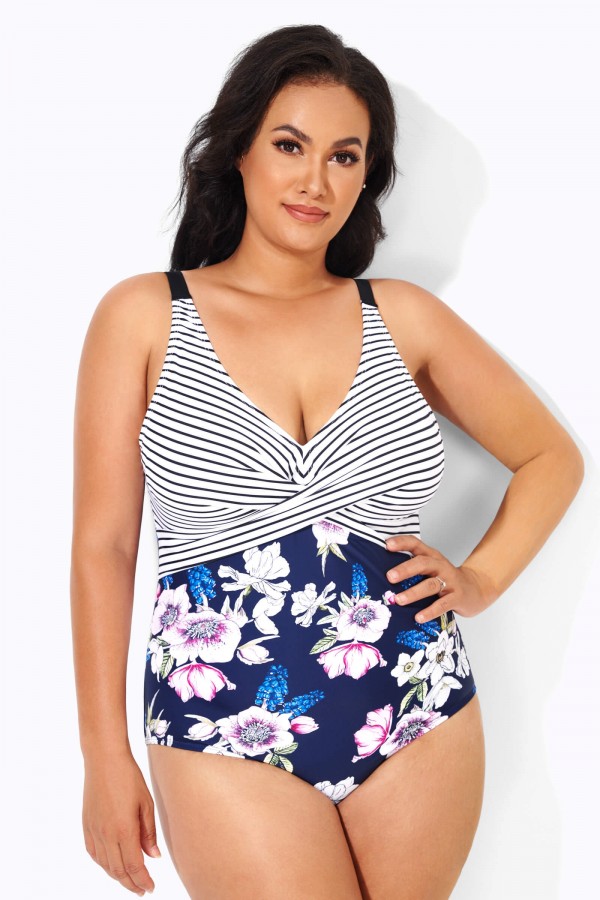 Flower Printed V-Neck Tummy Control One Piece Swimsuit