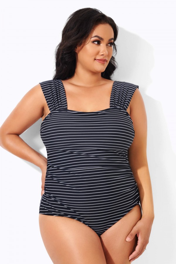 Black & White Striped Thick Strap One Piece Swimsuit