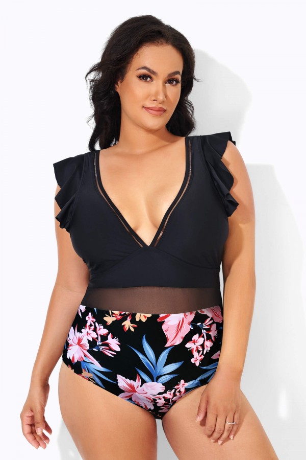 Floral Print Ruffle Plunge V-Neck One Piece Swimsuit